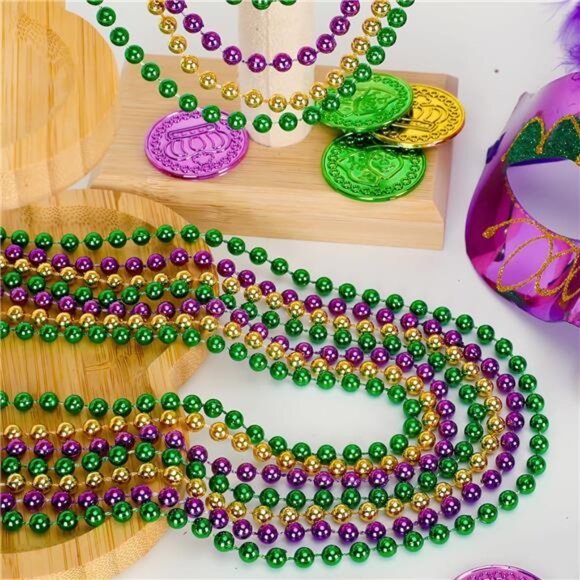 100PCS Mardi Gras Beads, Green Purple Gold Metallic Mardi Gras Beads Necklaces - Picture 4 of 7